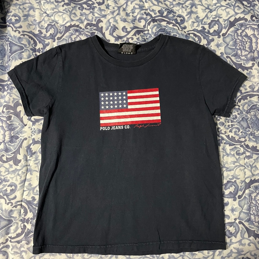 Ralph Lauren Polo jeans company navy blue T-shirt with American flag. Size M